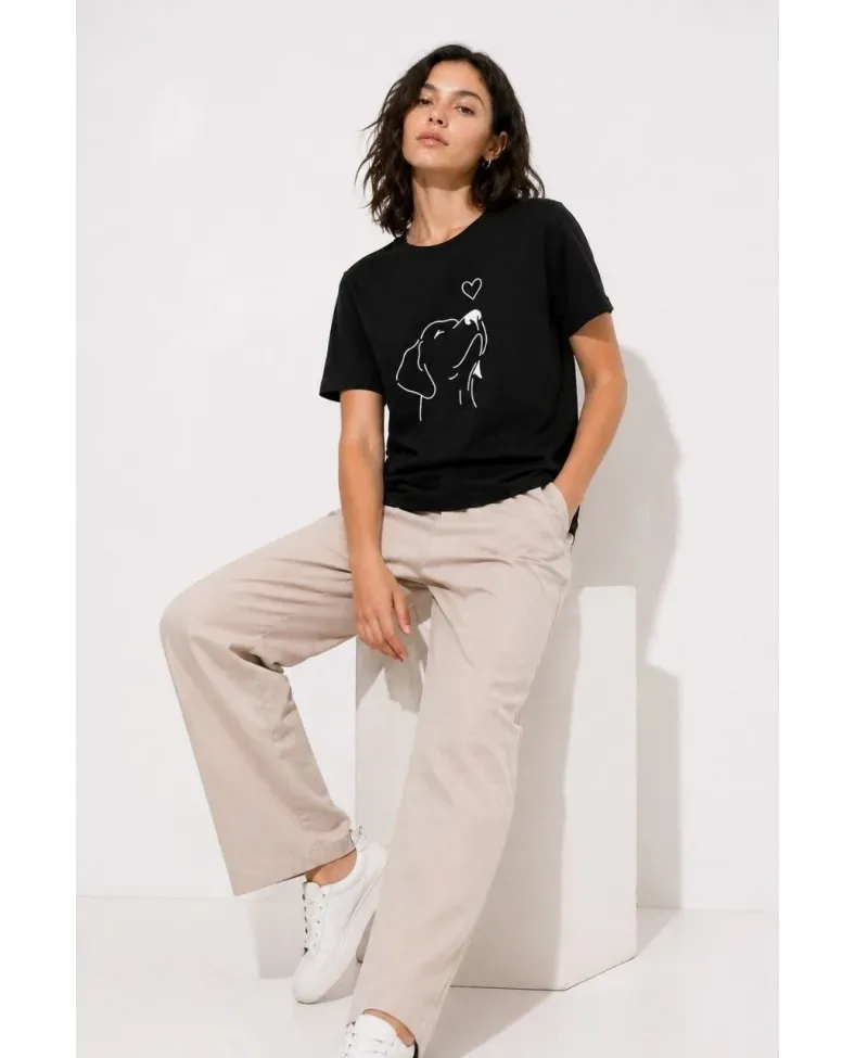 Kadın Köpek Figürlü Minimal Baskılı Tişört Kısa Kol Yazlık T-Shirt - Siyah
