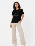 Kadın Köpek Figürlü Minimal Baskılı Tişört Kısa Kol Yazlık T-Shirt - Siyah