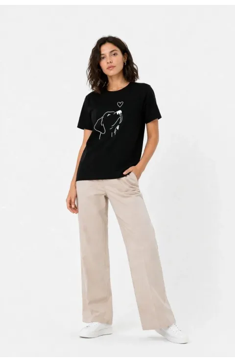 Kadın Köpek Figürlü Minimal Baskılı Tişört Kısa Kol Yazlık T-Shirt - Siyah