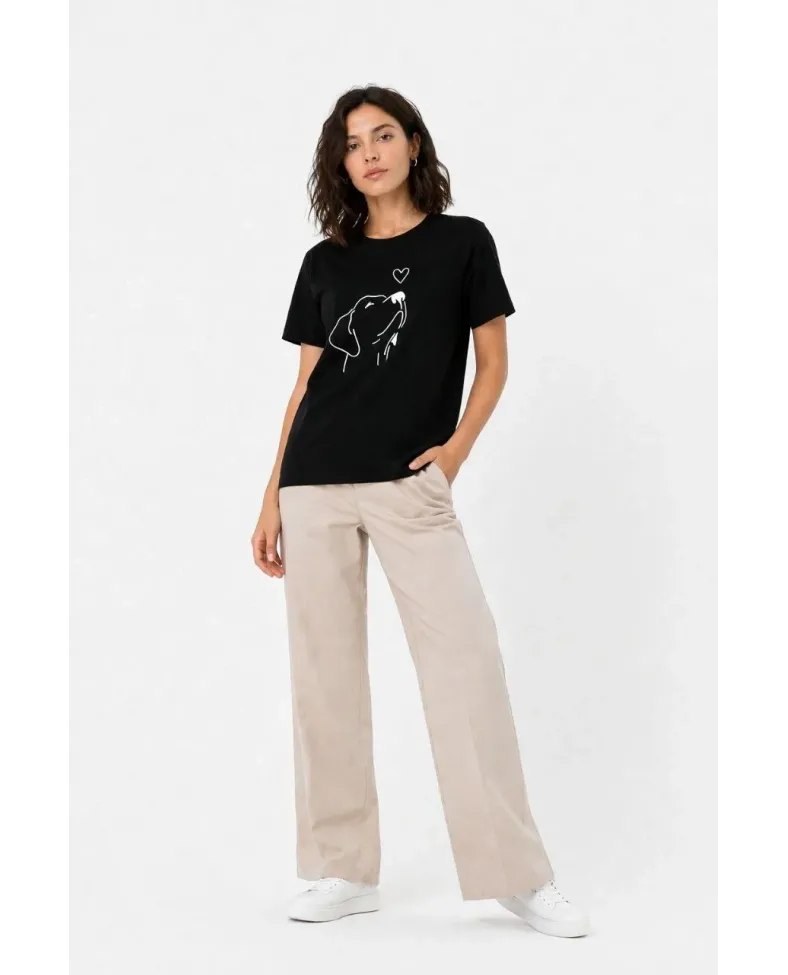 Kadın Köpek Figürlü Minimal Baskılı Tişört Kısa Kol Yazlık T-Shirt - Siyah