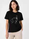 Kadın Köpek Figürlü Minimal Baskılı Tişört Kısa Kol Yazlık T-Shirt - Siyah