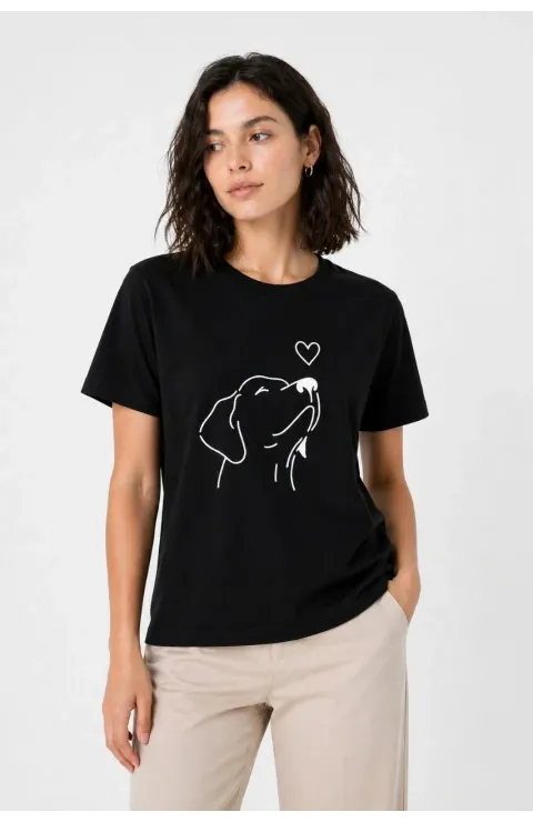 Kadın Köpek Figürlü Minimal Baskılı Tişört Kısa Kol Yazlık T-Shirt - Siyah