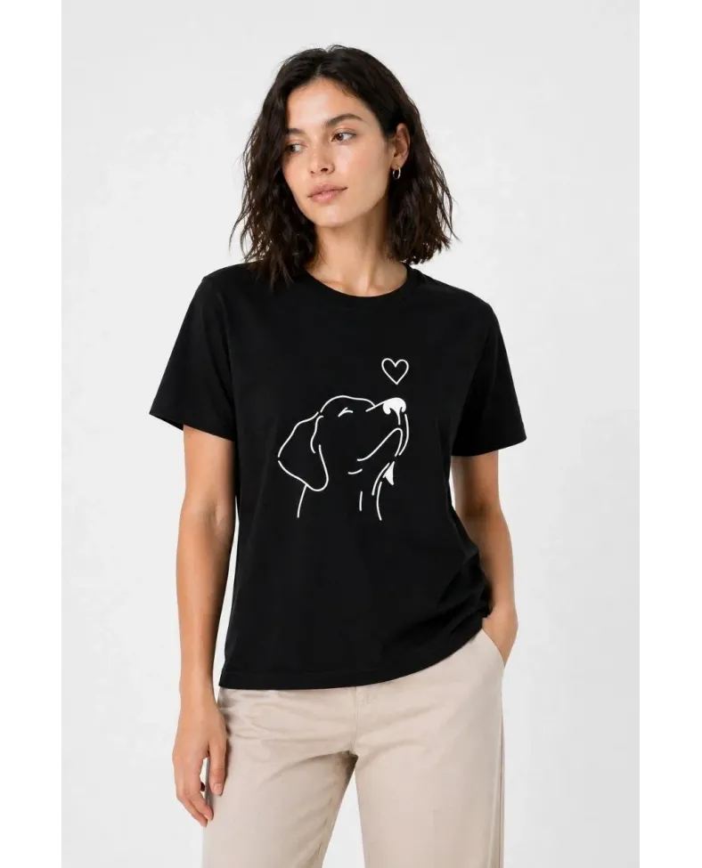 Kadın Köpek Figürlü Minimal Baskılı Tişört Kısa Kol Yazlık T-Shirt - Siyah