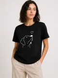 Kadın Köpek Figürlü Minimal Baskılı Tişört Kısa Kol Yazlık T-Shirt - Siyah
