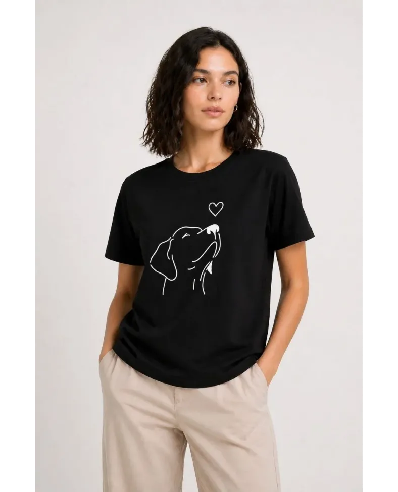 Kadın Köpek Figürlü Minimal Baskılı Tişört Kısa Kol Yazlık T-Shirt - Siyah