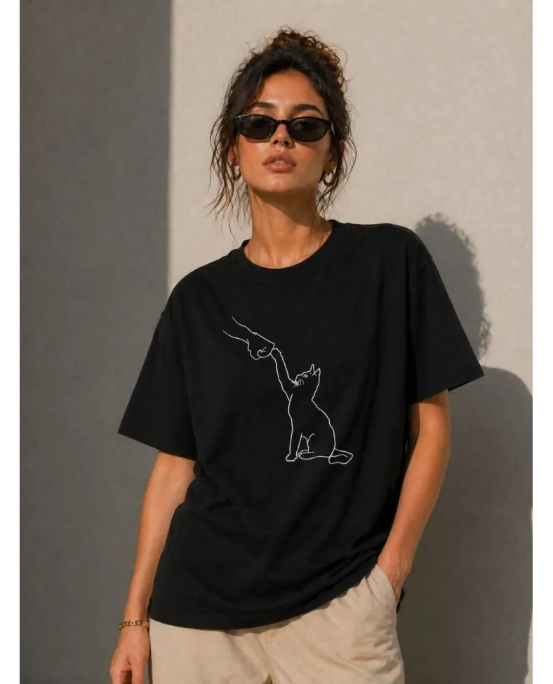 Kadın Minimal Kedi Çizim Baskılı Tişört Kısa Kol Yazlık T-Shirt - Siyah