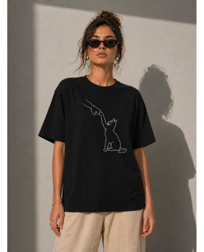 Kadın Minimal Kedi Çizim Baskılı Tişört Kısa Kol Yazlık T-Shirt - Siyah