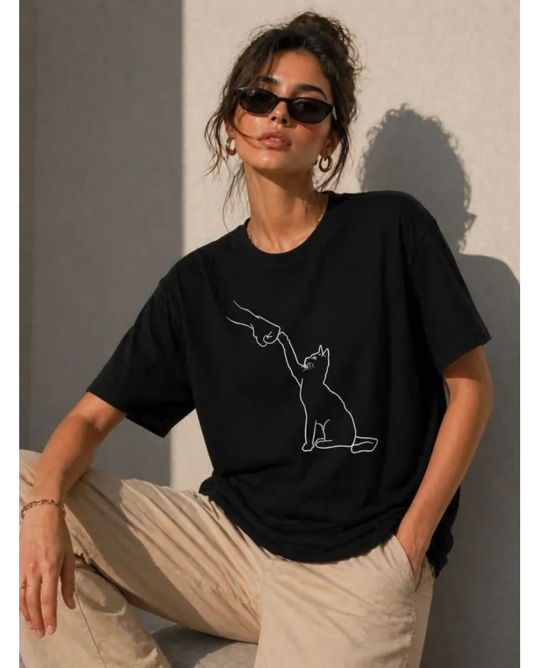 Kadın Minimal Kedi Çizim Baskılı Tişört Kısa Kol Yazlık T-Shirt - Siyah