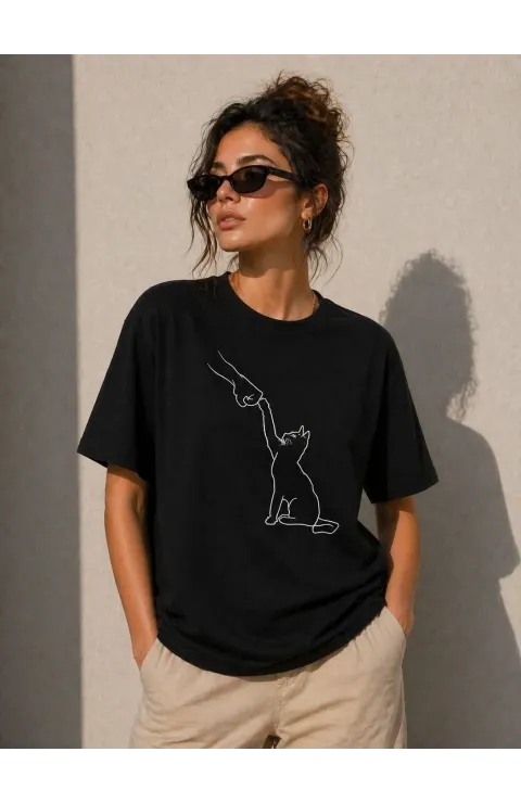 Kadın Minimal Kedi Çizim Baskılı Tişört Kısa Kol Yazlık T-Shirt - Siyah