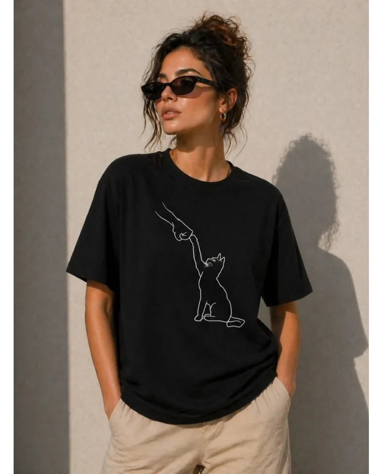 Kadın Minimal Kedi Çizim Baskılı Tişört Kısa Kol Yazlık T-Shirt - Siyah