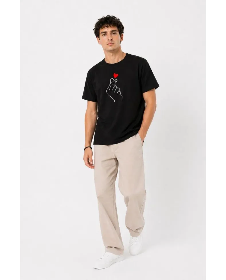 Erkek Kore Parmak Kalp Aşk Temalı Minimal Baskılı Tişört Yazlık Kısa Kol T-Shirt - Siyah