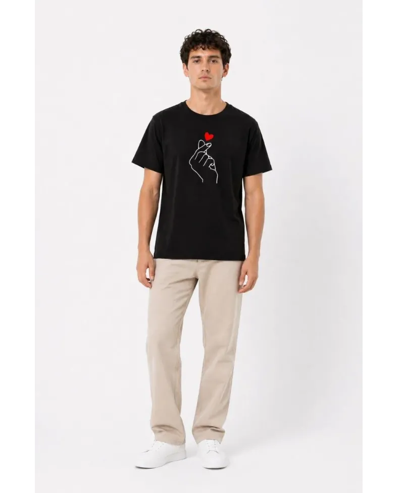 Erkek Kore Parmak Kalp Aşk Temalı Minimal Baskılı Tişört Yazlık Kısa Kol T-Shirt - Siyah