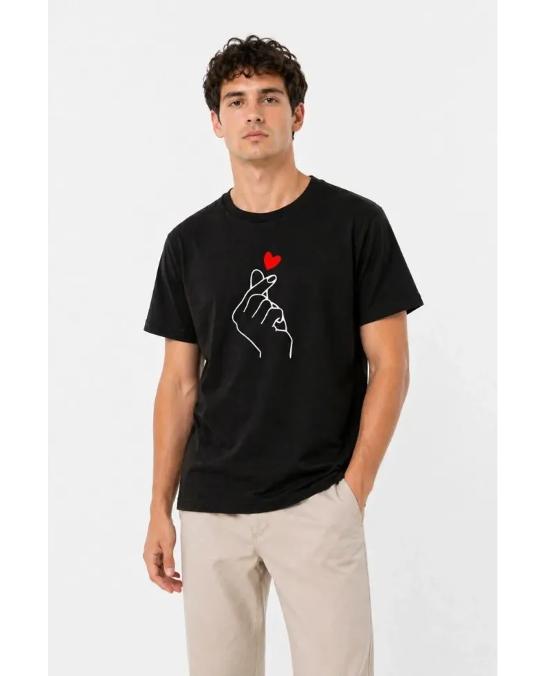 Erkek Kore Parmak Kalp Aşk Temalı Minimal Baskılı Tişört Yazlık Kısa Kol T-Shirt - Siyah