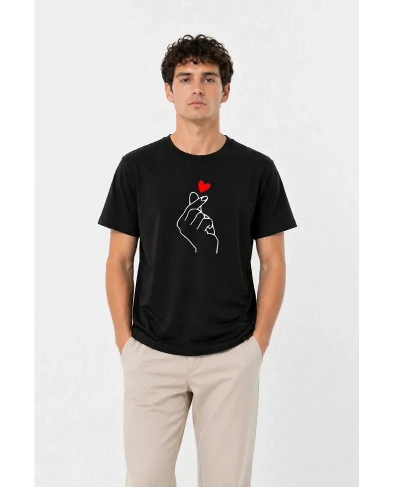 Erkek Kore Parmak Kalp Aşk Temalı Minimal Baskılı Tişört Yazlık Kısa Kol T-Shirt - Siyah