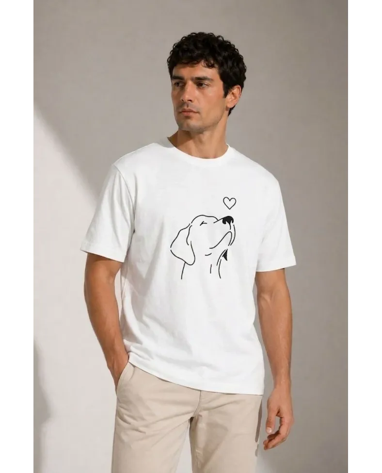Erkek Köpek Figürlü Minimal Baskılı Tişört Kısa Kol Yazlık T-Shirt - Beyaz