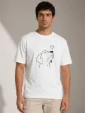 Erkek Köpek Figürlü Minimal Baskılı Tişört Kısa Kol Yazlık T-Shirt - Beyaz