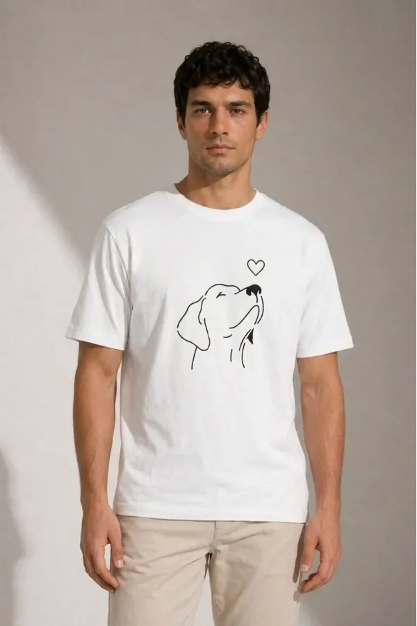 Erkek Köpek Figürlü Minimal Baskılı Tişört Kısa Kol Yazlık T-Shirt - Beyaz