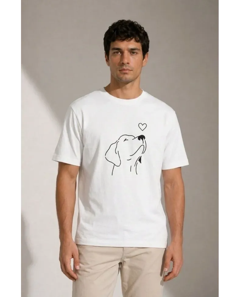 Erkek Köpek Figürlü Minimal Baskılı Tişört Kısa Kol Yazlık T-Shirt - Beyaz