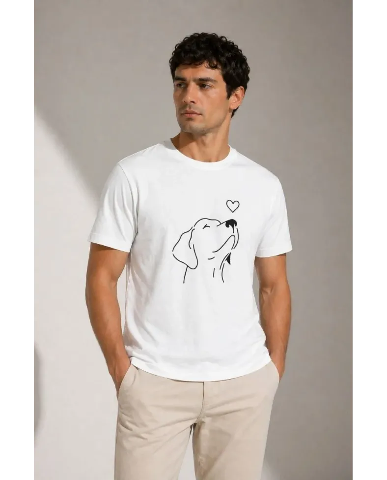 Erkek Köpek Figürlü Minimal Baskılı Tişört Kısa Kol Yazlık T-Shirt - Beyaz