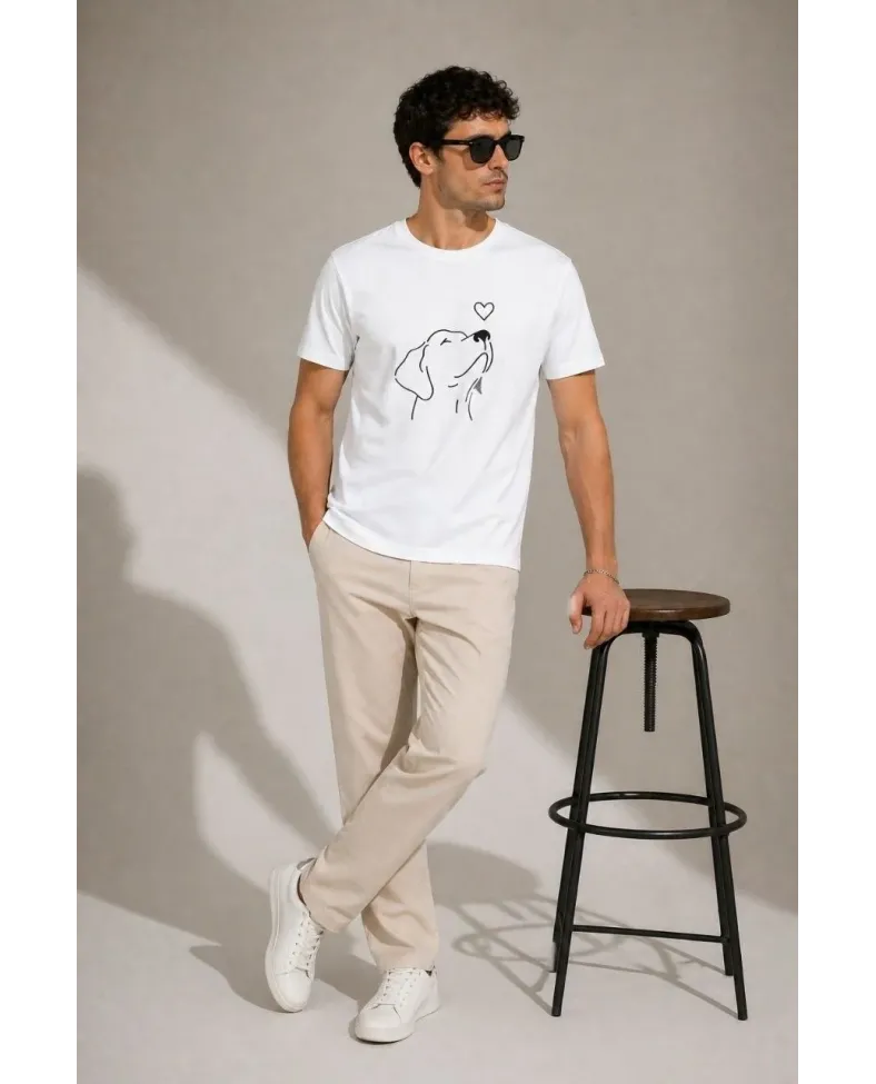 Erkek Köpek Figürlü Minimal Baskılı Tişört Kısa Kol Yazlık T-Shirt - Beyaz