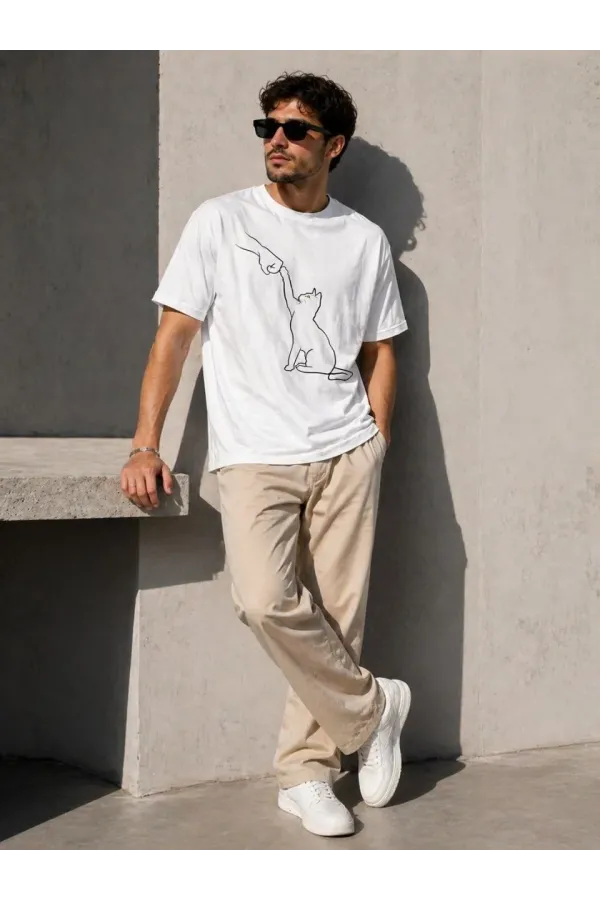 Erkek Minimal Kedi Çizim Baskılı Tişört Kısa Kol Yazlık T-Shirt - Beyaz