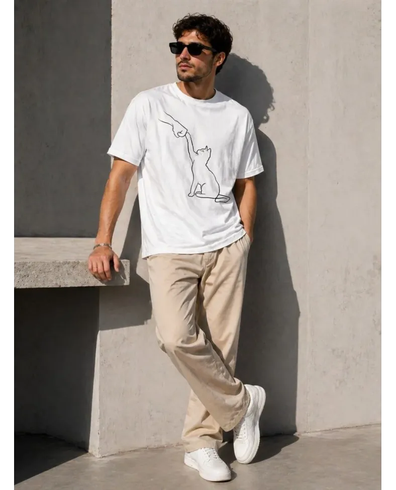 Erkek Minimal Kedi Çizim Baskılı Tişört Kısa Kol Yazlık T-Shirt - Beyaz