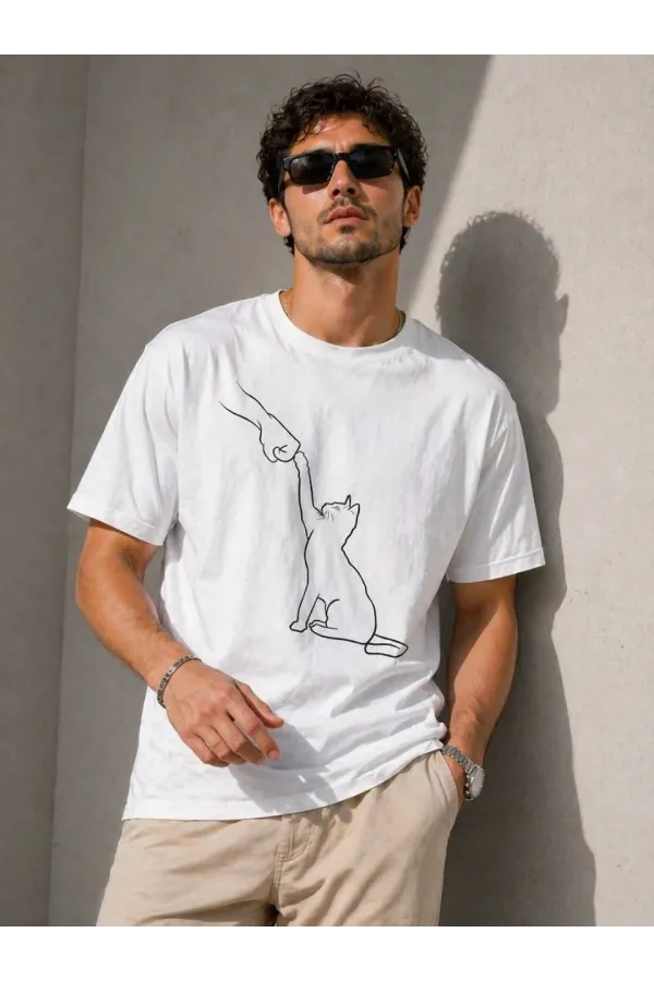 Erkek Minimal Kedi Çizim Baskılı Tişört Kısa Kol Yazlık T-Shirt - Beyaz