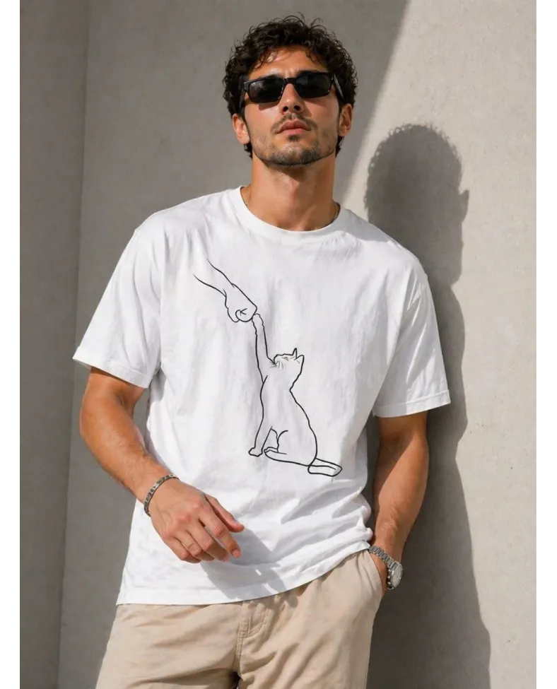 Erkek Minimal Kedi Çizim Baskılı Tişört Kısa Kol Yazlık T-Shirt - Beyaz