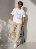 Erkek Minimal Kedi Çizim Baskılı Tişört Kısa Kol Yazlık T-Shirt - Beyaz