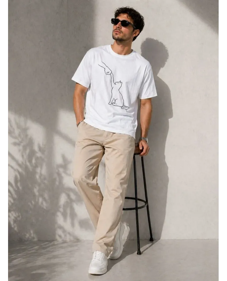 Erkek Minimal Kedi Çizim Baskılı Tişört Kısa Kol Yazlık T-Shirt - Beyaz