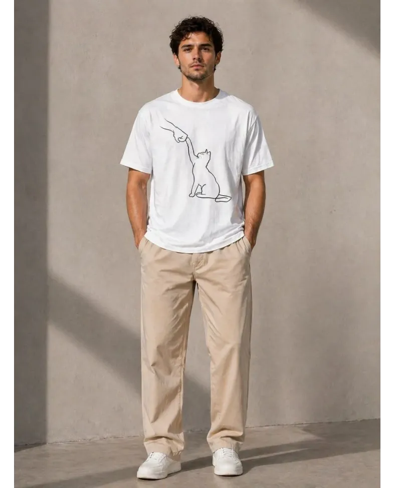Erkek Minimal Kedi Çizim Baskılı Tişört Kısa Kol Yazlık T-Shirt - Beyaz