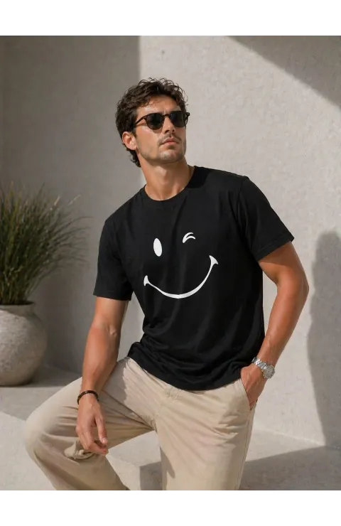 Erkek Minimal Gülümseyen Yüz Baskılı Tişört Kısa Kol Yazlık T-Shirt - Siyah