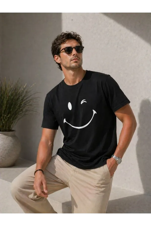 Erkek Minimal Gülümseyen Yüz Baskılı Tişört Kısa Kol Yazlık T-Shirt - Siyah
