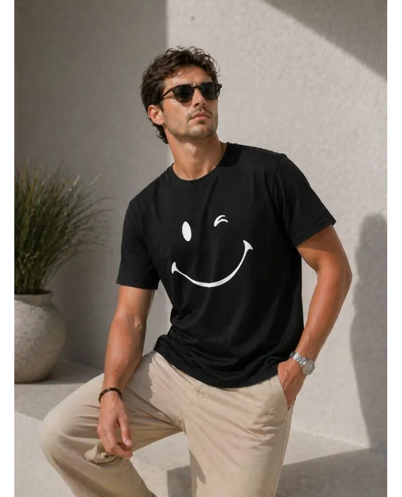 Erkek Minimal Gülümseyen Yüz Baskılı Tişört Kısa Kol Yazlık T-Shirt - Siyah
