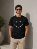Erkek Minimal Gülümseyen Yüz Baskılı Tişört Kısa Kol Yazlık T-Shirt - Siyah