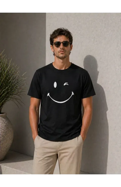 Erkek Minimal Gülümseyen Yüz Baskılı Tişört Kısa Kol Yazlık T-Shirt - Siyah