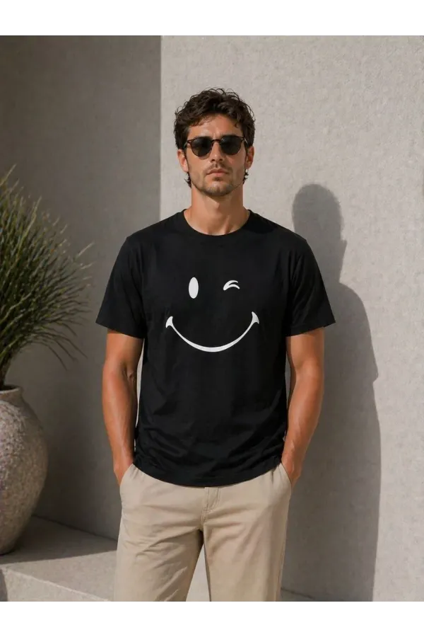 Erkek Minimal Gülümseyen Yüz Baskılı Tişört Kısa Kol Yazlık T-Shirt - Siyah