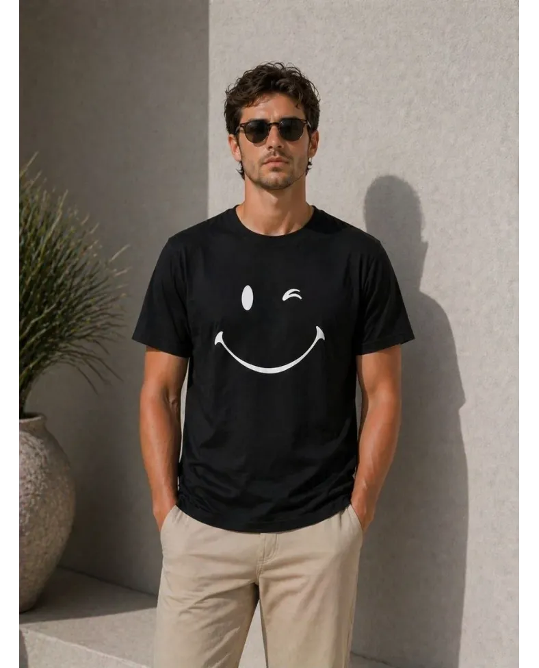 Erkek Minimal Gülümseyen Yüz Baskılı Tişört Kısa Kol Yazlık T-Shirt - Siyah