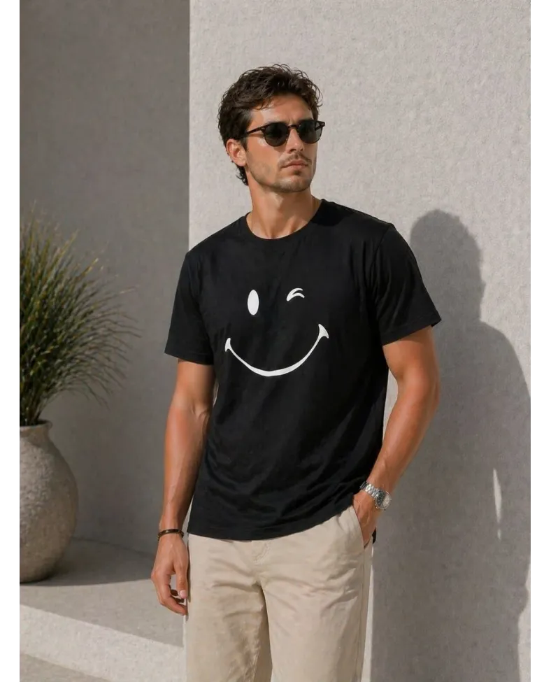 Erkek Minimal Gülümseyen Yüz Baskılı Tişört Kısa Kol Yazlık T-Shirt - Siyah