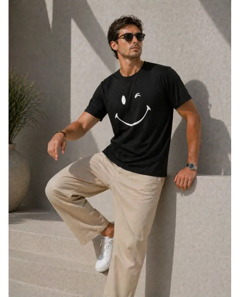 Erkek Minimal Gülümseyen Yüz Baskılı Tişört Kısa Kol Yazlık T-Shirt - Siyah