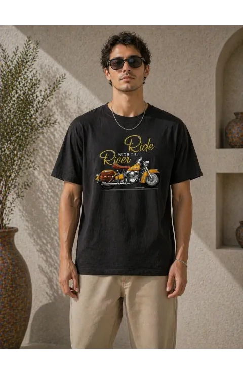 Erkek Motosiklet Baskılı Tişört Bisiklet Yaka Kısa Kol Yazlık T-Shirt - Siyah