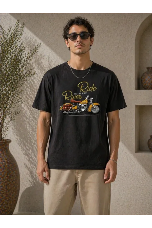 Erkek Motosiklet Baskılı Tişört Bisiklet Yaka Kısa Kol Yazlık T-Shirt - Siyah