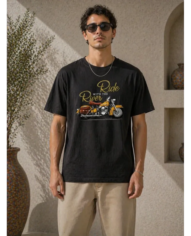 Erkek Motosiklet Baskılı Tişört Bisiklet Yaka Kısa Kol Yazlık T-Shirt - Siyah