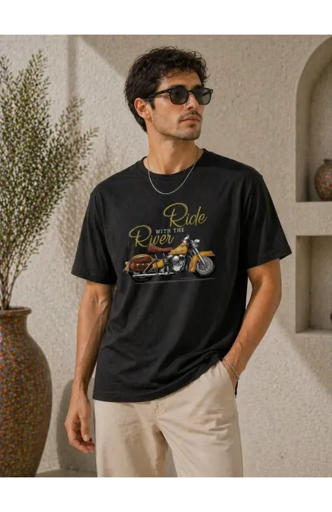 Erkek Motosiklet Baskılı Tişört Bisiklet Yaka Kısa Kol Yazlık T-Shirt - Siyah