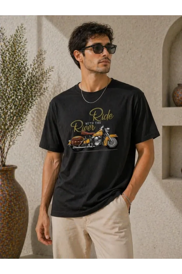 Erkek Motosiklet Baskılı Tişört Bisiklet Yaka Kısa Kol Yazlık T-Shirt - Siyah