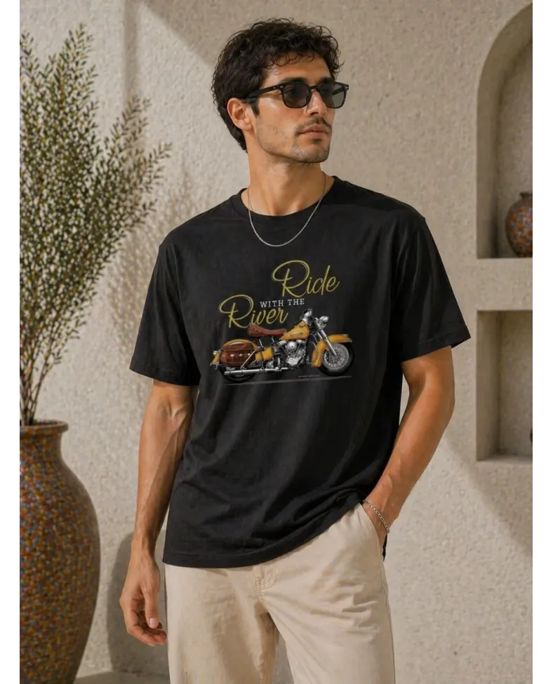 Erkek Motosiklet Baskılı Tişört Bisiklet Yaka Kısa Kol Yazlık T-Shirt - Siyah