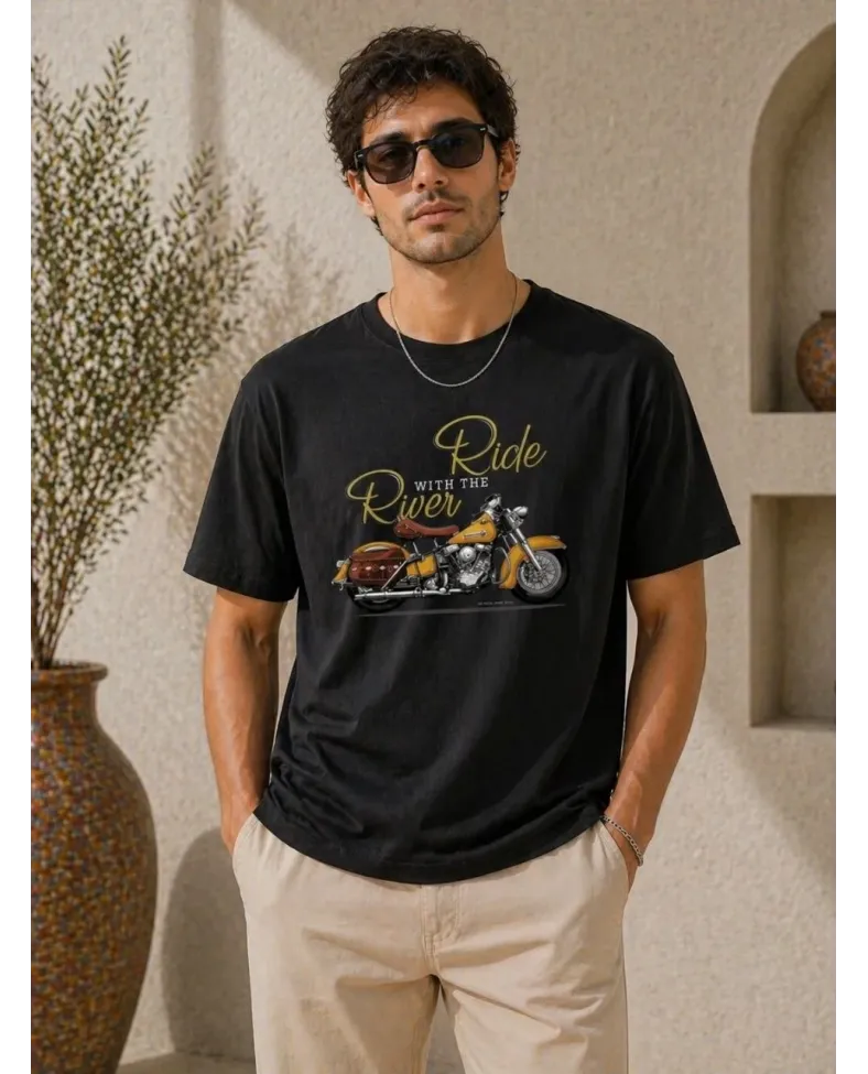 Erkek Motosiklet Baskılı Tişört Bisiklet Yaka Kısa Kol Yazlık T-Shirt - Siyah