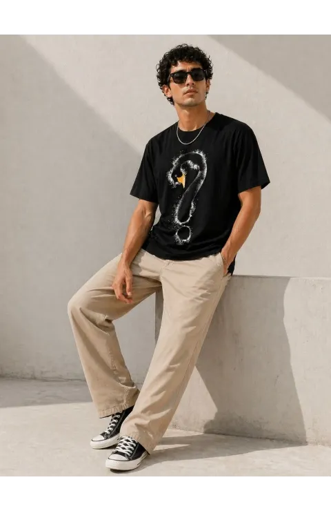 Erkek Kuğu Figürlü Soru İşareti Baskılı Tişört Kısa Kol T-Shirt - Siyah
