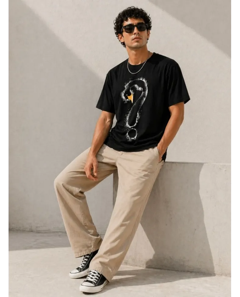 Erkek Kuğu Figürlü Soru İşareti Baskılı Tişört Kısa Kol T-Shirt - Siyah