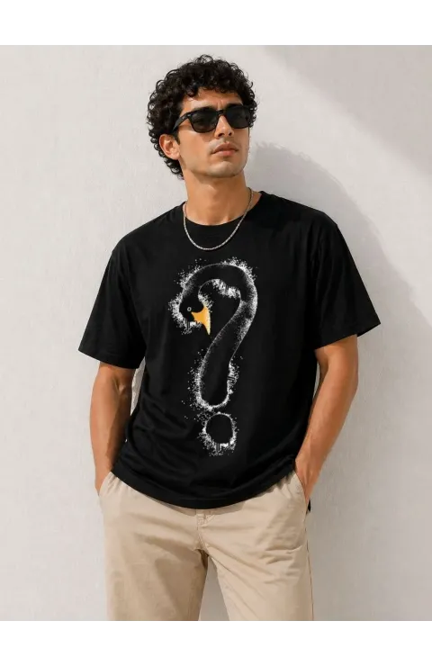 Erkek Kuğu Figürlü Soru İşareti Baskılı Tişört Kısa Kol T-Shirt - Siyah